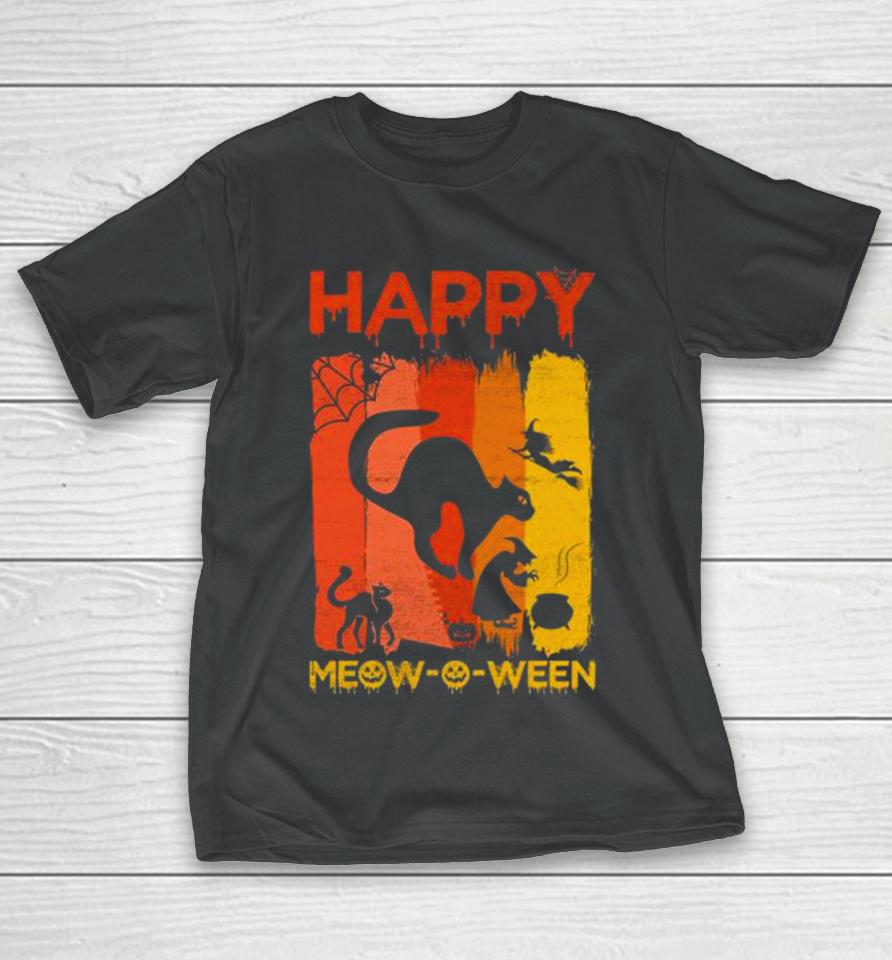Happy Meow O Ween Funny Halloween Black Cat Scary Spooky T-Shirt
