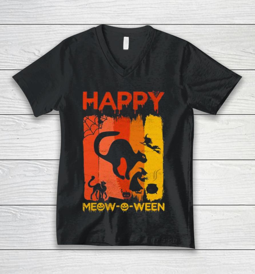 Happy Meow O Ween Funny Halloween Black Cat Scary Spooky Unisex V-Neck T-Shirt