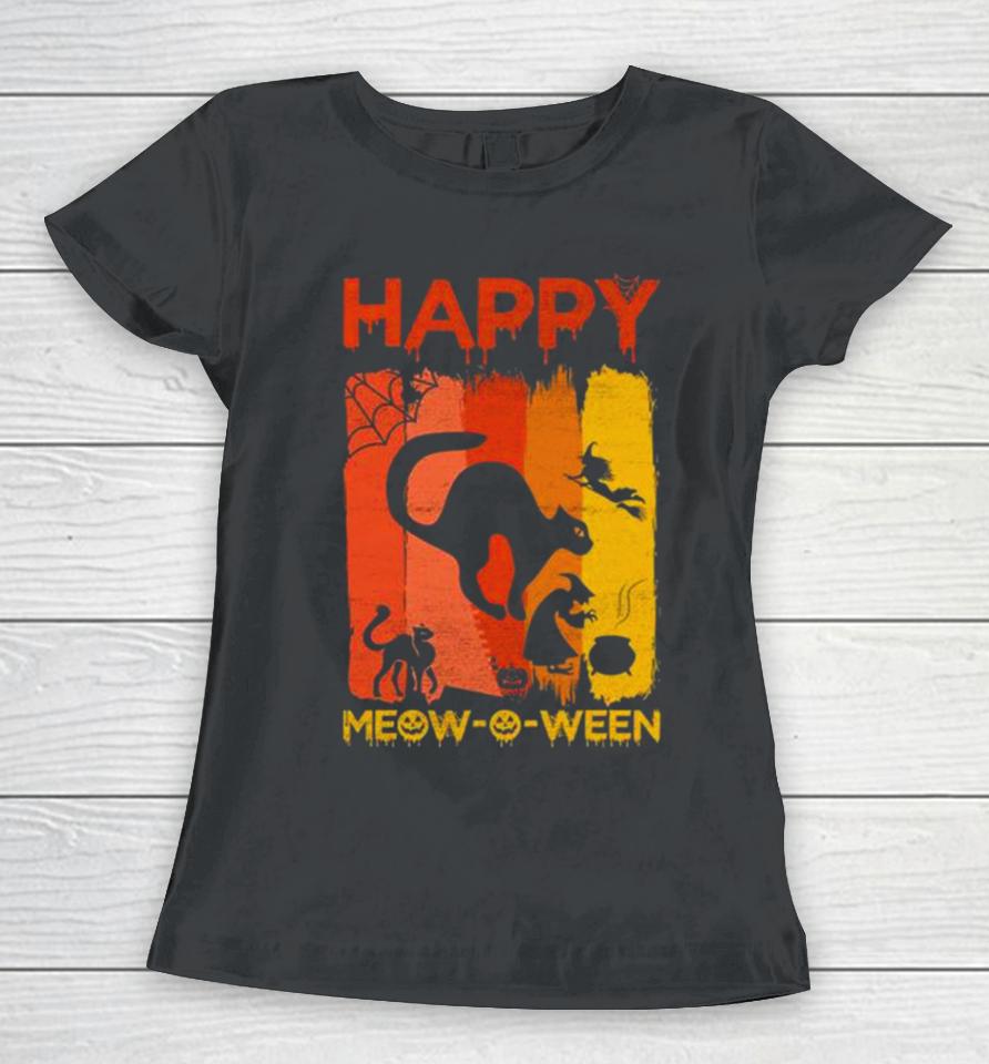 Happy Meow O Ween Funny Halloween Black Cat Scary Spooky Women T-Shirt