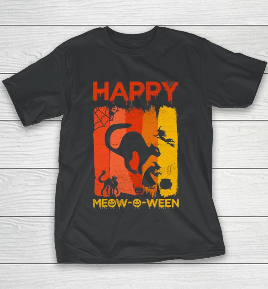Happy Meow O Ween Funny Halloween Black Cat Scary Spooky Youth T-Shirt