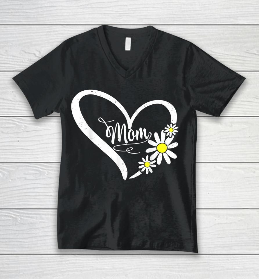 Happy Mother's Day Mom Heart Daisy Flower Rainbow Unisex V-Neck T-Shirt