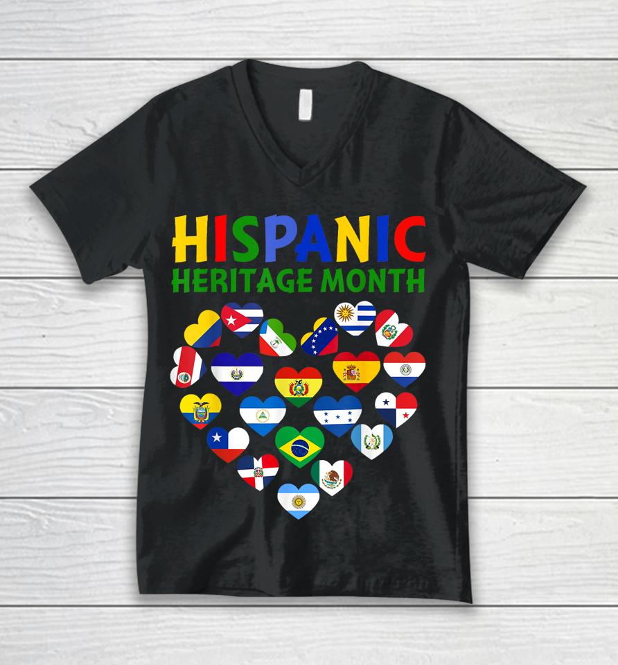 Happy National Hispanic Heritage Month All Countries Heart Unisex V-Neck T-Shirt