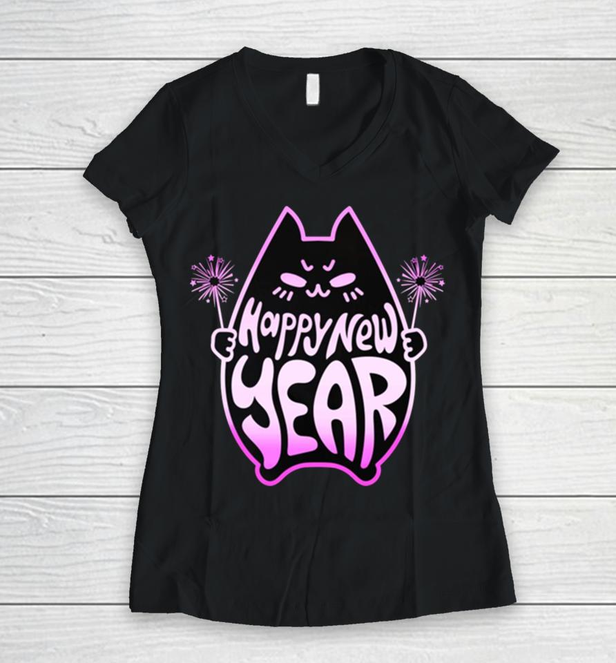 Happy New Year Cat Celebration 2 Pink Gradient Women V-Neck T-Shirt