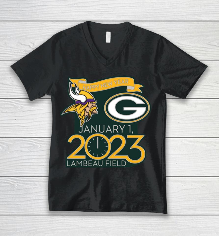 Happy New Years Packers Vs Vikings Jan 1 2023 Lambeau Field Gameday Unisex V-Neck T-Shirt