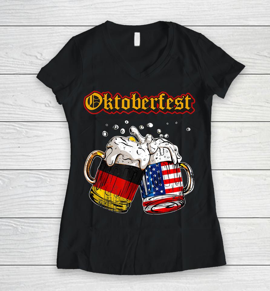 Happy Oktoberfest 2023 American German Munich Flag Women V-Neck T-Shirt