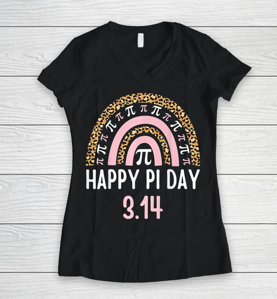 Happy Pi Day Mathematics Math Teacher Gift Leopard Rainbow Women V-Neck T-Shirt