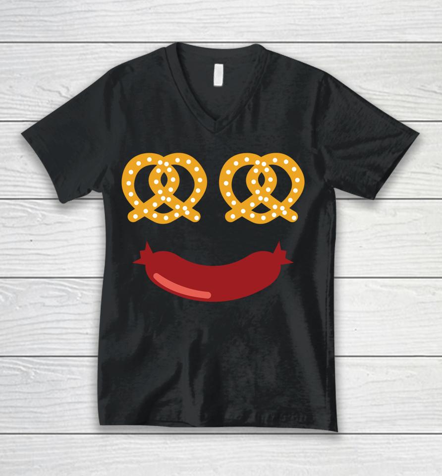Happy Pretzel And Sausage Face Funny Oktoberfest Festival Unisex V-Neck T-Shirt