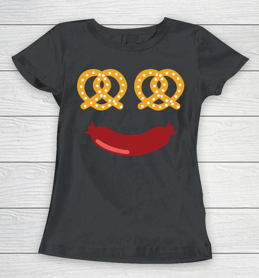 Happy Pretzel And Sausage Face Funny Oktoberfest Festival Women T-Shirt