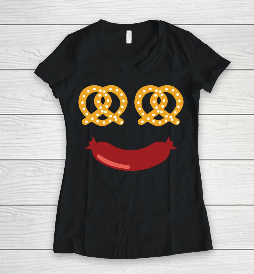 Happy Pretzel And Sausage Face Funny Oktoberfest Festival Women V-Neck T-Shirt