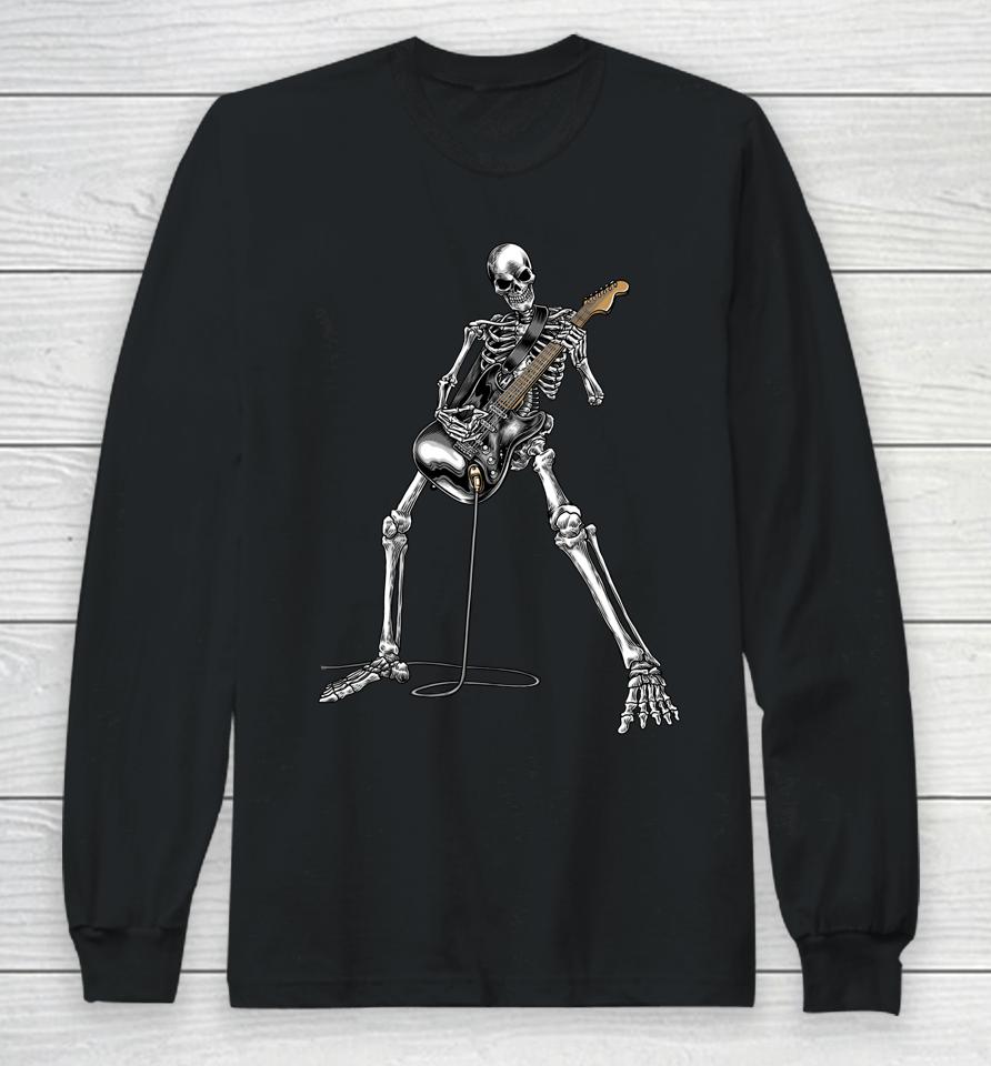 Happy Skeleton Guitar Guy Spooky Halloween Rock Band Concert Long Sleeve T-Shirt