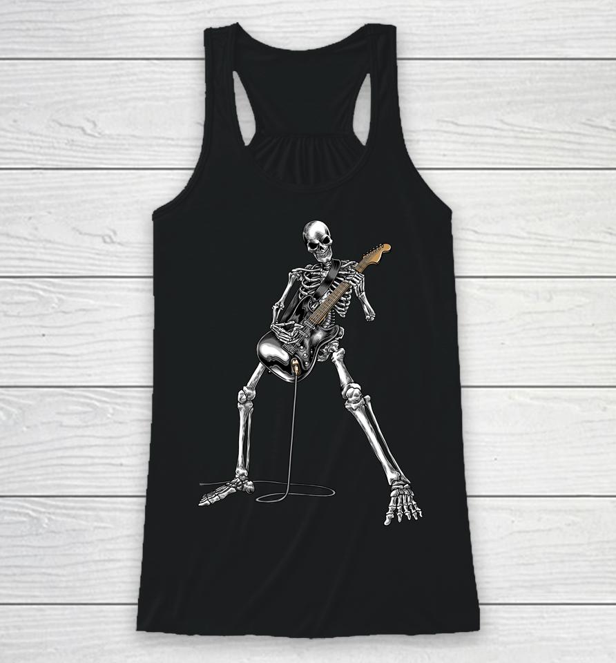 Happy Skeleton Guitar Guy Spooky Halloween Rock Band Concert Racerback Tank