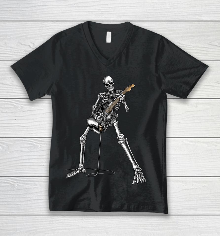 Happy Skeleton Guitar Guy Spooky Halloween Rock Band Concert Unisex V-Neck T-Shirt