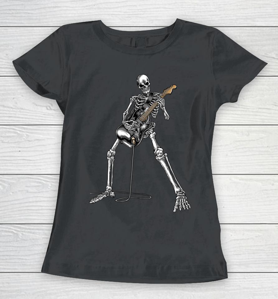 Happy Skeleton Guitar Guy Spooky Halloween Rock Band Concert Women T-Shirt