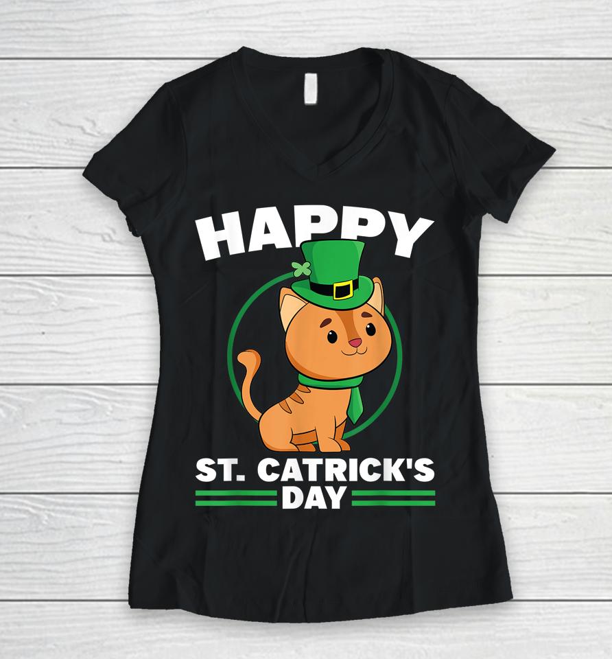 Happy St Catrick's Day St Patrick's Day Kitten Cat Women V-Neck T-Shirt