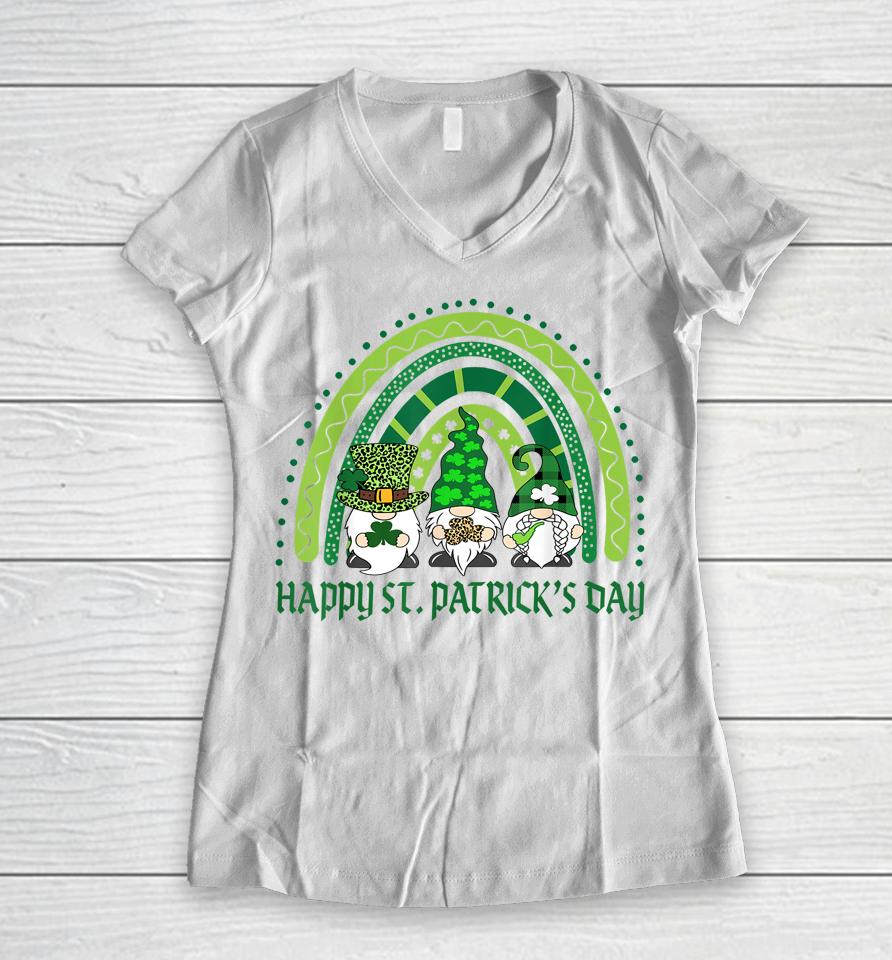 Happy St Patrick's Day Irish Shamrock Gnome Rainbow Women V-Neck T-Shirt