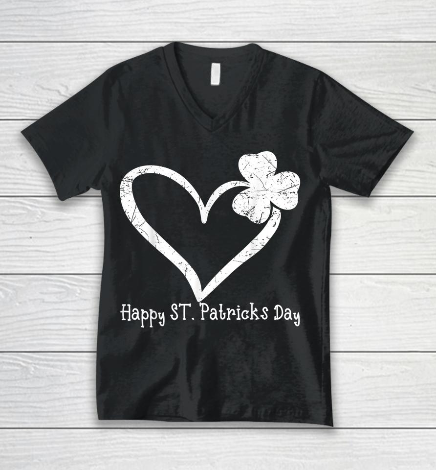 Happy St Patrick's Day Irish Shamrock Heart Vintage Unisex V-Neck T-Shirt
