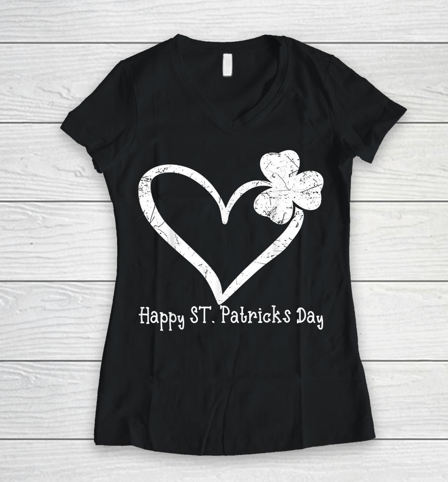 Happy St Patrick's Day Irish Shamrock Heart Vintage Women V-Neck T-Shirt