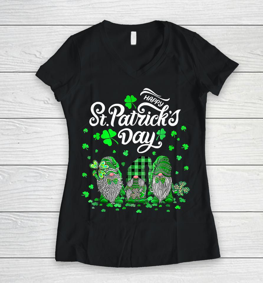 Happy St Patrick's Day Three Gnomes Shamrock Essential Women V-Neck T-Shirt