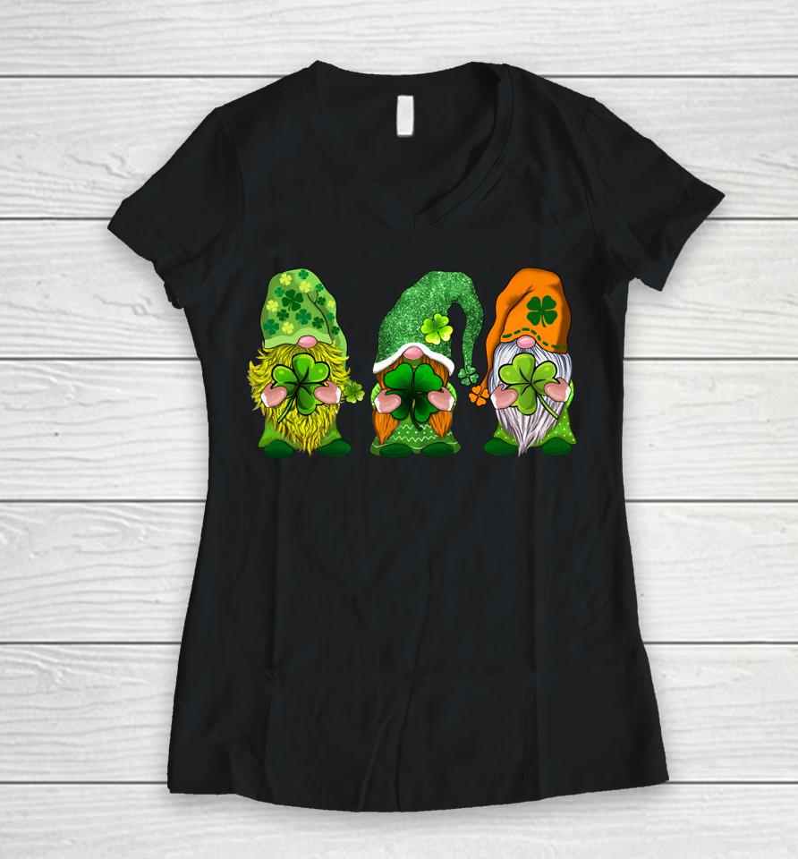 Happy St Patrick's Day Three Gnomes Shamrock Gift Women V-Neck T-Shirt