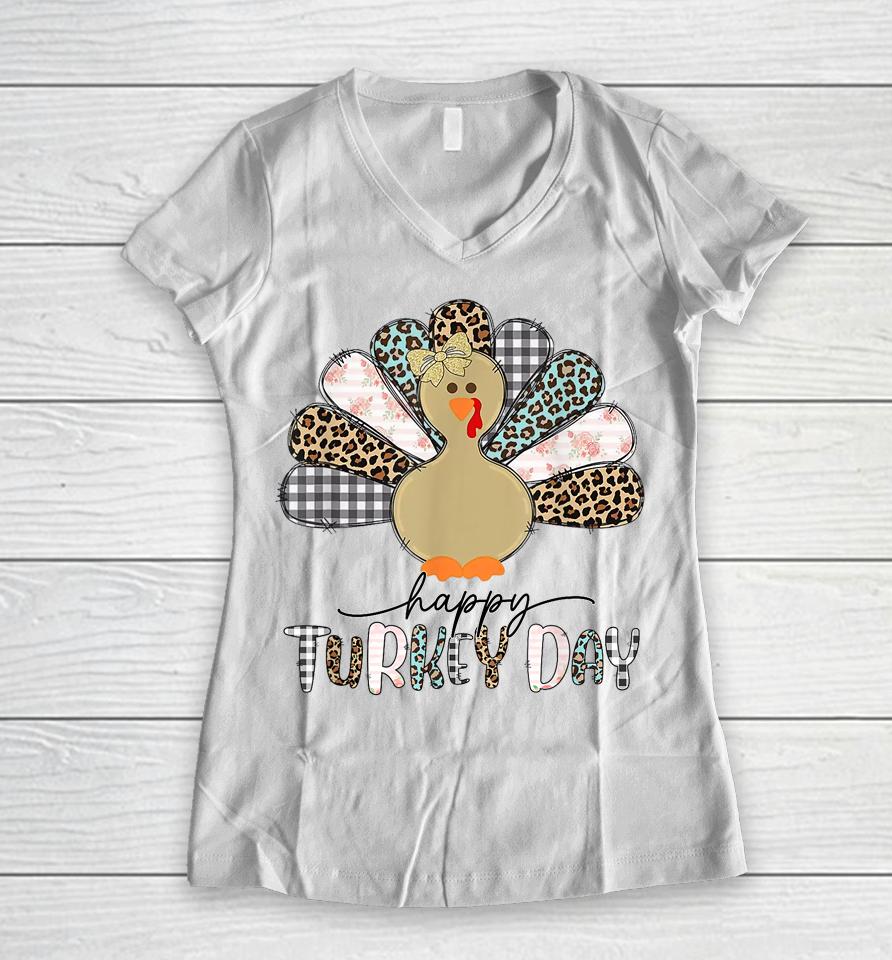 Happy Turkey Day Cute Turkey Thanksgiving Women V-Neck T-Shirt