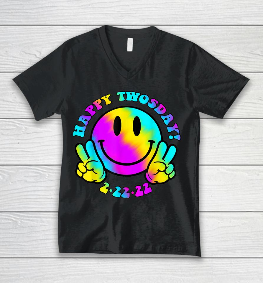 Happy Twosday Tuesday February 22Nd 2022 Tie Dye Smiley Face Unisex V-Neck T-Shirt