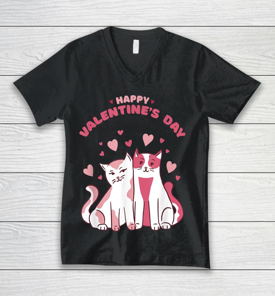 Happy Valentine's Day Cute Cats Valentine's Day Unisex V-Neck T-Shirt