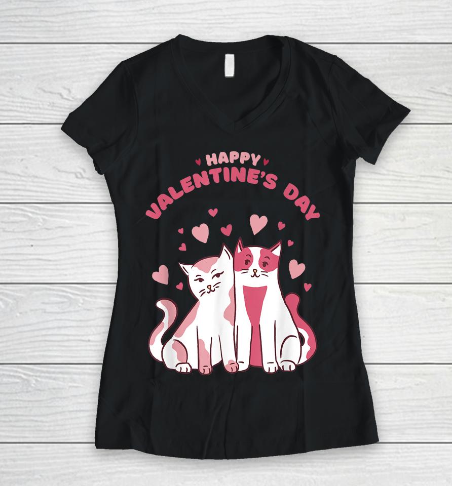 Happy Valentine's Day Cute Cats Valentine's Day Women V-Neck T-Shirt