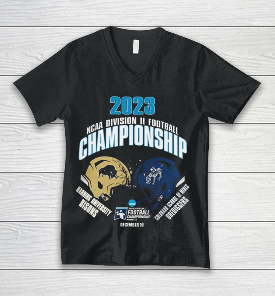 Harding University Bisons Vs Colorado School Of Mines Orediggers Helmet 2023 Ncaa Division Ii Football Championship Dec 16 Unisex V-Neck T-Shirt