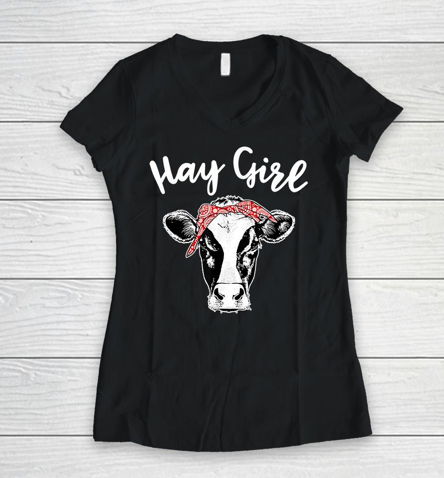 Hay Girl Farmer Cattle Cows Women V-Neck T-Shirt