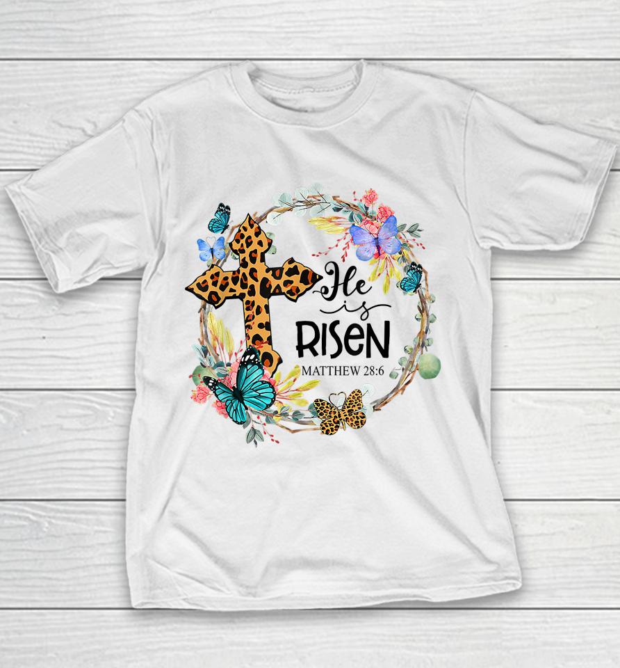 He Is Risen Leopard Cross Christian Jesus Happy Easter Day Youth T-Shirt