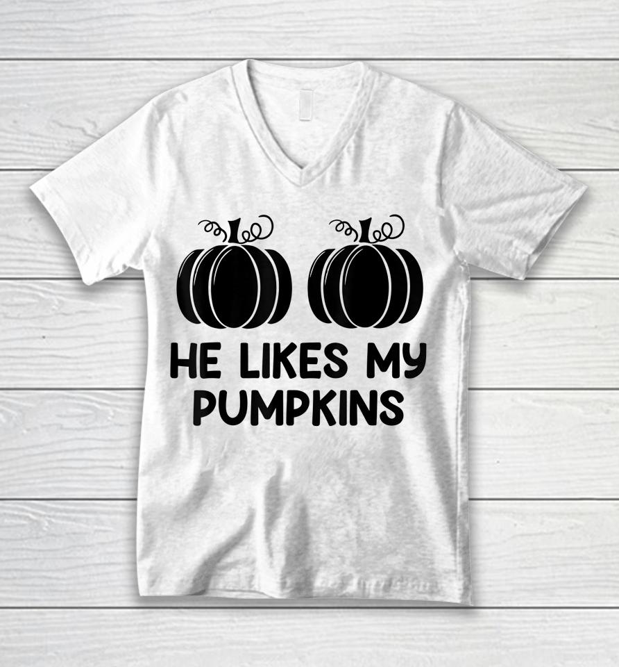 He Likes My Pumpkins She Likes My Broomstick Halloween Tee Unisex V-Neck T-Shirt