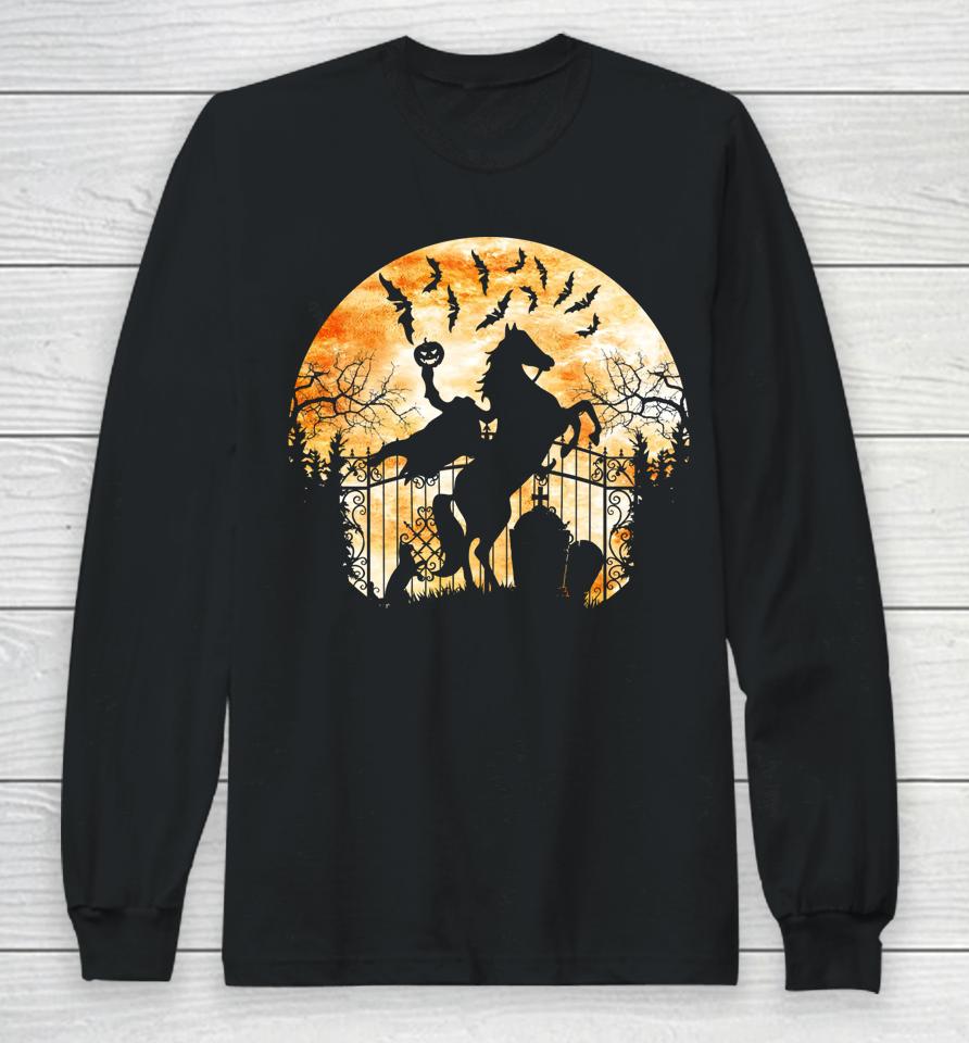 Headless Horseman In A Cemetery Bats Halloween Long Sleeve T-Shirt