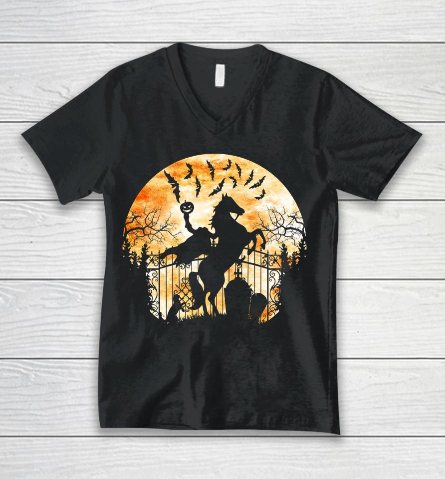 Headless Horseman In A Cemetery Bats Halloween Unisex V-Neck T-Shirt