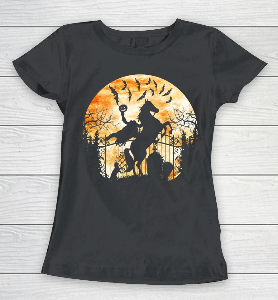 Headless Horseman In A Cemetery Bats Halloween Women T-Shirt