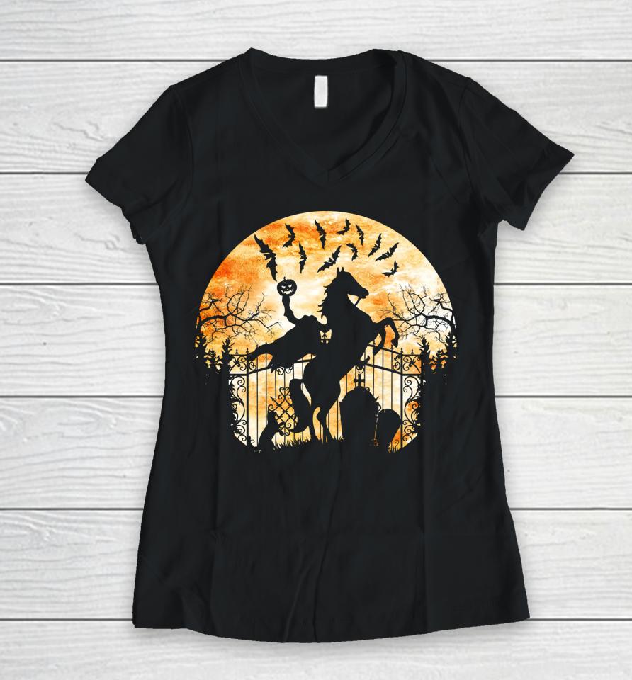 Headless Horseman In A Cemetery Bats Halloween Women V-Neck T-Shirt