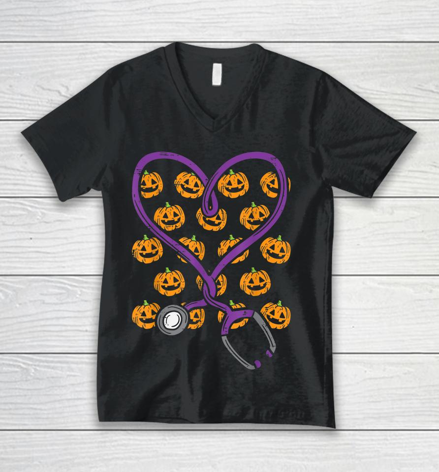 Heart Stethoscope Pumpkins Halloween Costume Nursing Nurse Unisex V-Neck T-Shirt