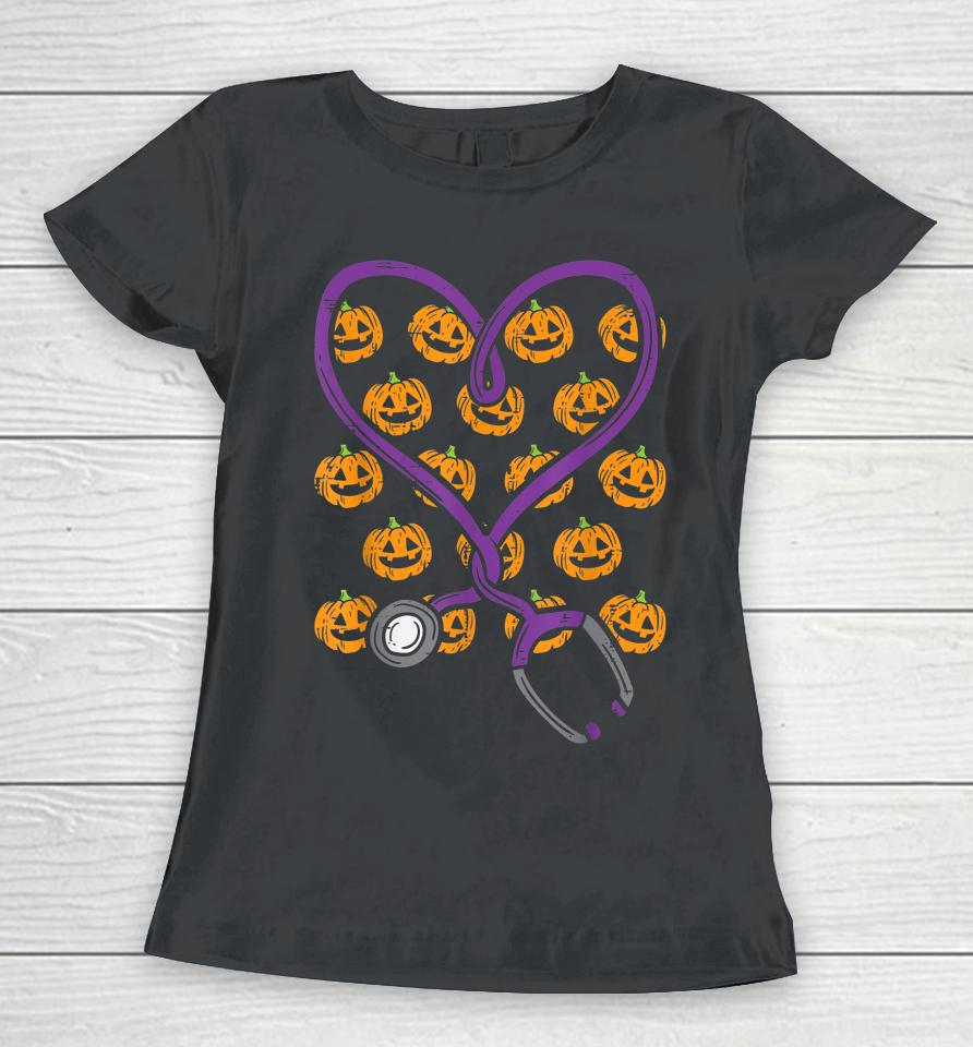 Heart Stethoscope Pumpkins Halloween Costume Nursing Nurse Women T-Shirt