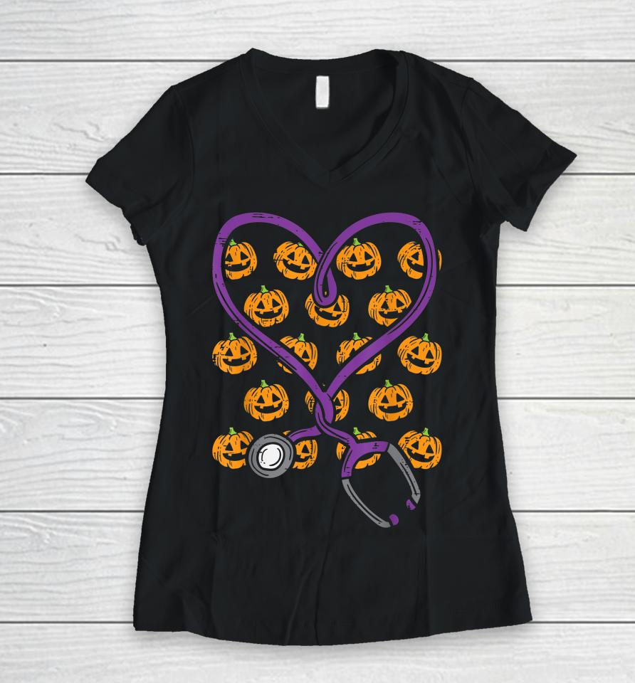 Heart Stethoscope Pumpkins Halloween Costume Nursing Nurse Women V-Neck T-Shirt