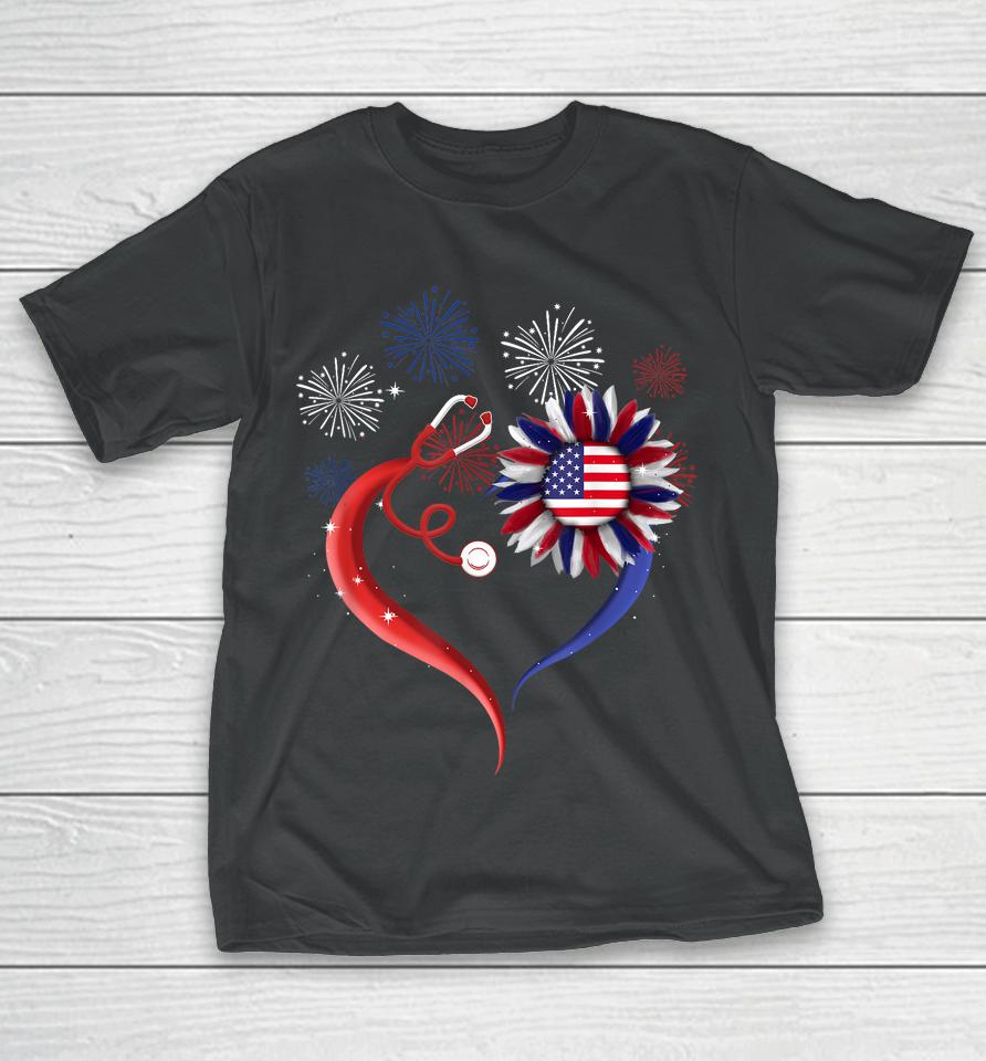 Heart Sunflower Stethoscope Usa Flag Nurse 4Th Of July T-Shirt