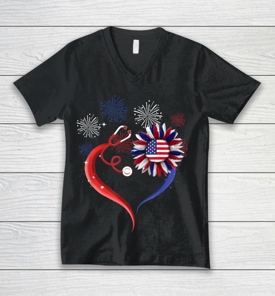 Heart Sunflower Stethoscope Usa Flag Nurse 4Th Of July Unisex V-Neck T-Shirt