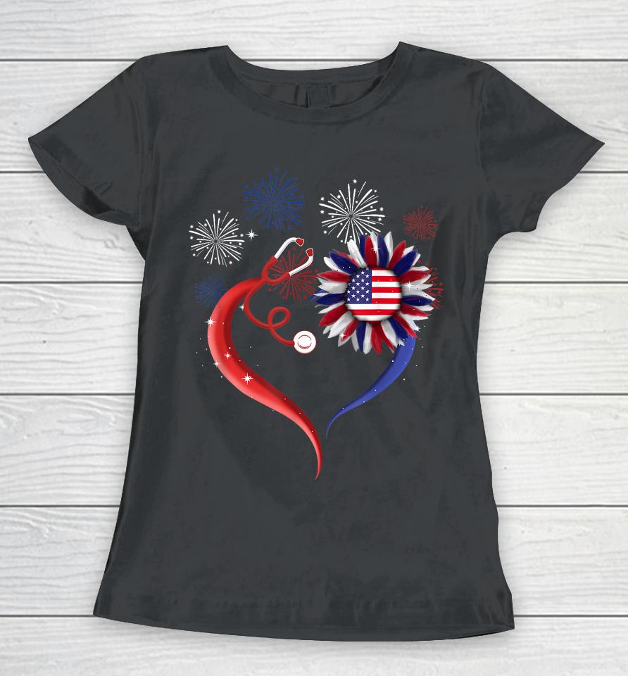 Heart Sunflower Stethoscope Usa Flag Nurse 4Th Of July Women T-Shirt