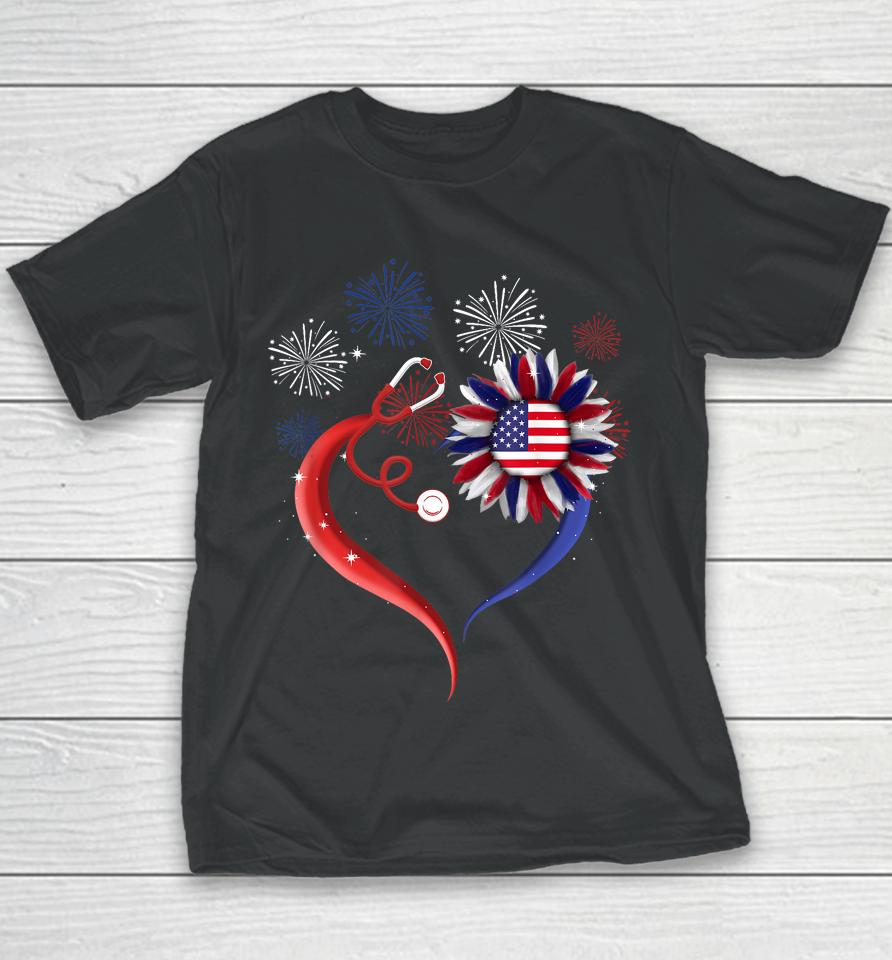 Heart Sunflower Stethoscope Usa Flag Nurse 4Th Of July Youth T-Shirt