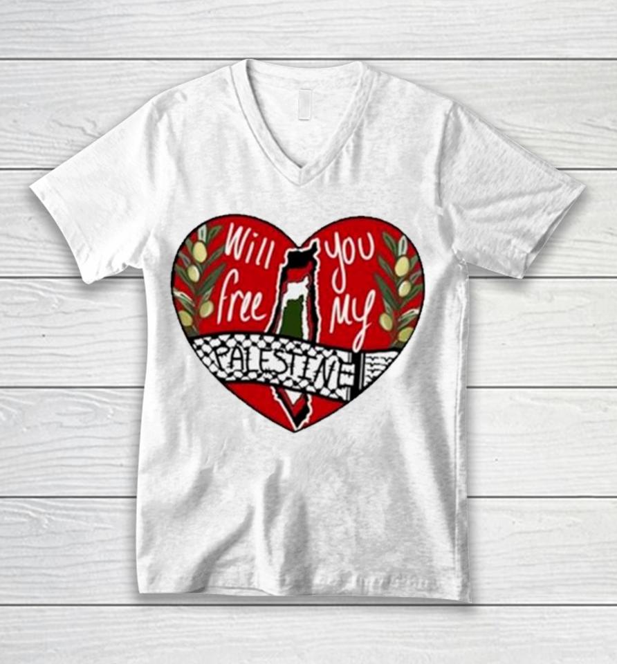 Heart Will You Free My Palestine Unisex V-Neck T-Shirt