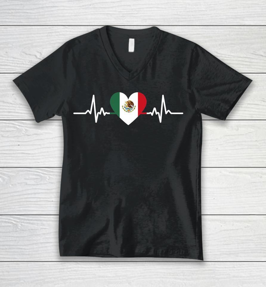 Heartbeat Mexico Flag Mexican Independence Day Proud Unisex V-Neck T-Shirt