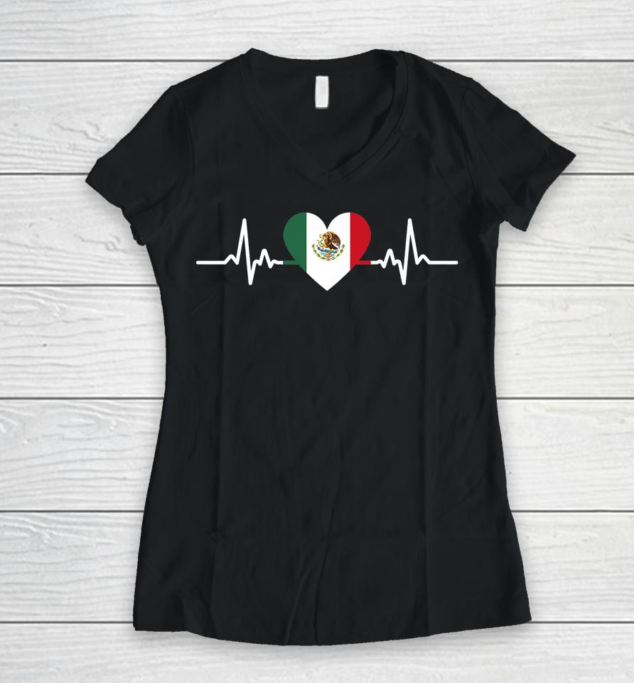 Heartbeat Mexico Flag Mexican Independence Day Proud Women V-Neck T-Shirt