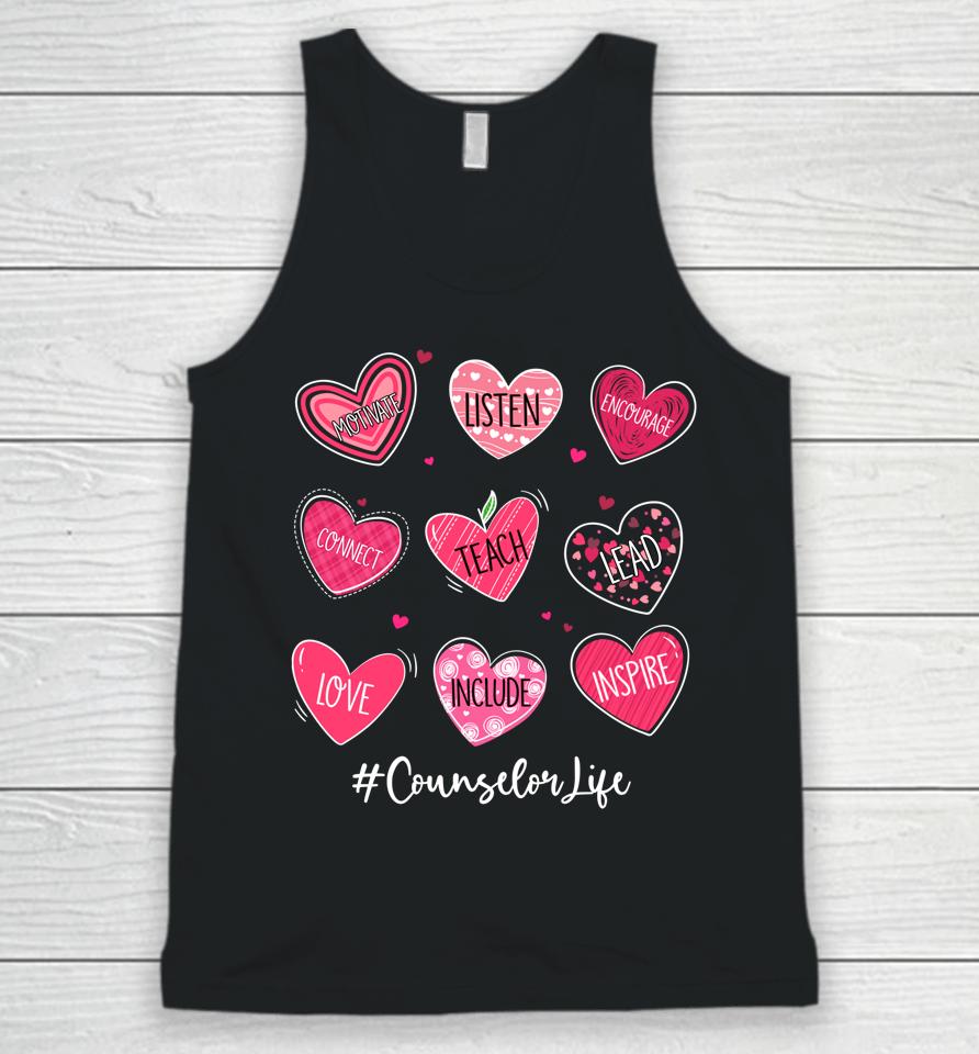 Hearts Teach Love Inspire Counselor Life Valentines Unisex Tank Top