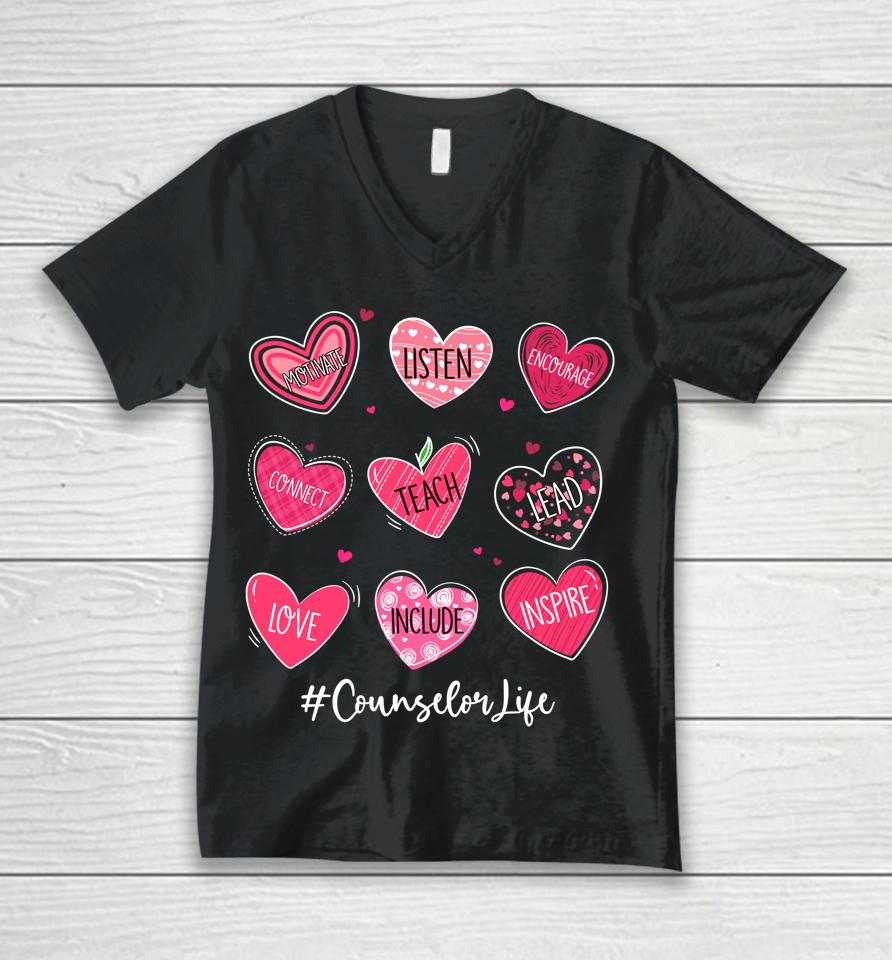 Hearts Teach Love Inspire Counselor Life Valentines Unisex V-Neck T-Shirt