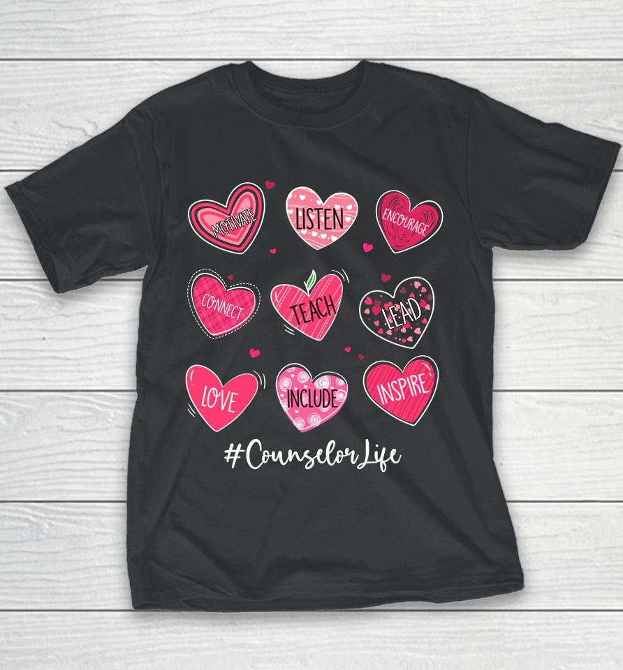 Hearts Teach Love Inspire Counselor Life Valentines Youth T-Shirt