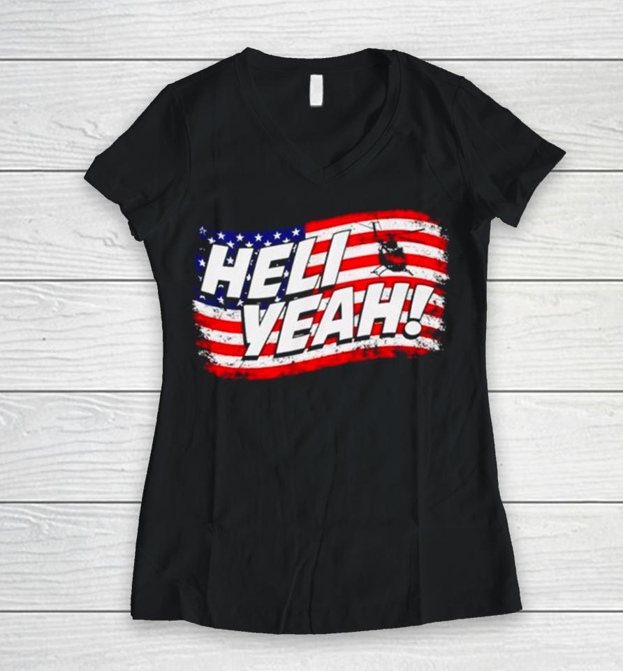 Helicopter Heli Yeah American Flag Women V-Neck T-Shirt
