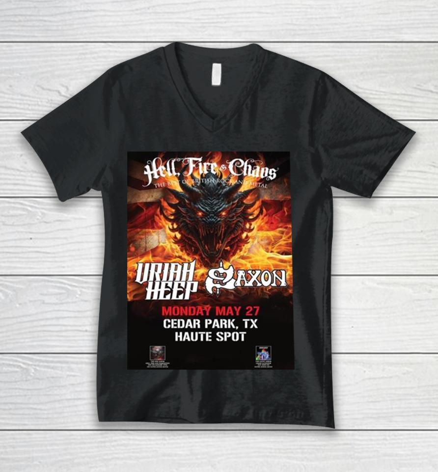 Hell Fire And Chaos The Best Of British Rock And Metal Of The Mighty Saxon And Uriah Heep On May 27Th At Haute Spot Unisex V-Neck T-Shirt